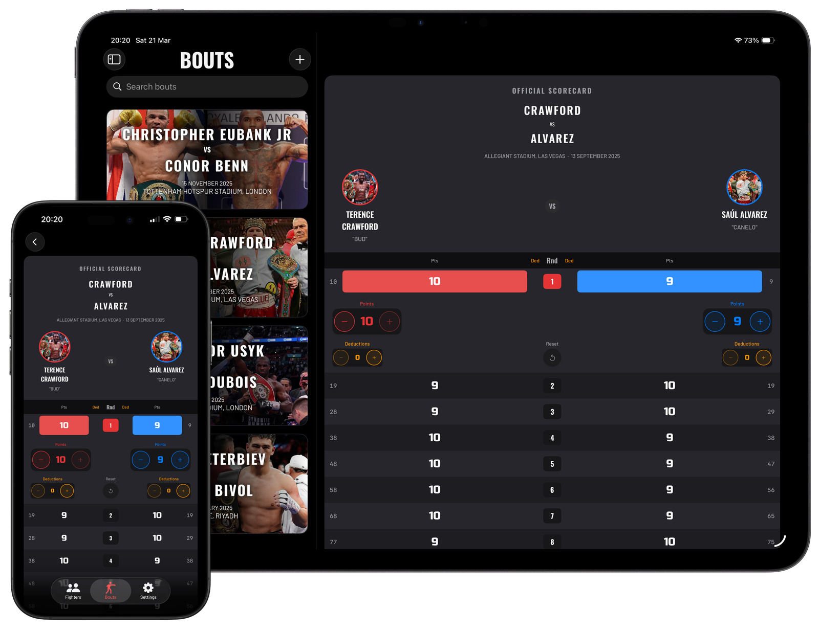 Boutly app screenshot showing fight scoring interface